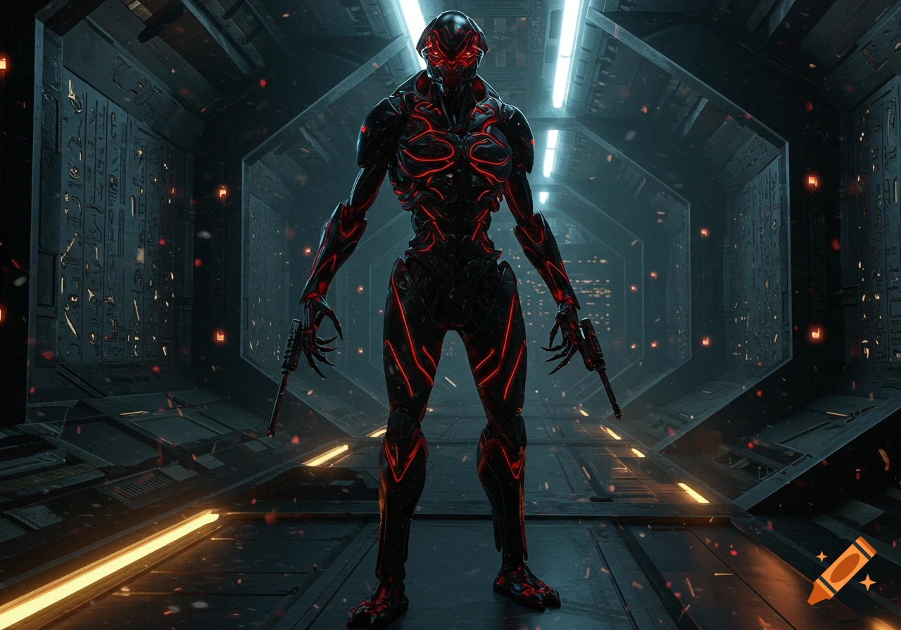 A black and red robotic warrior with glowing red accents stands in a dark, metallic, futuristic corridor, holding two guns.