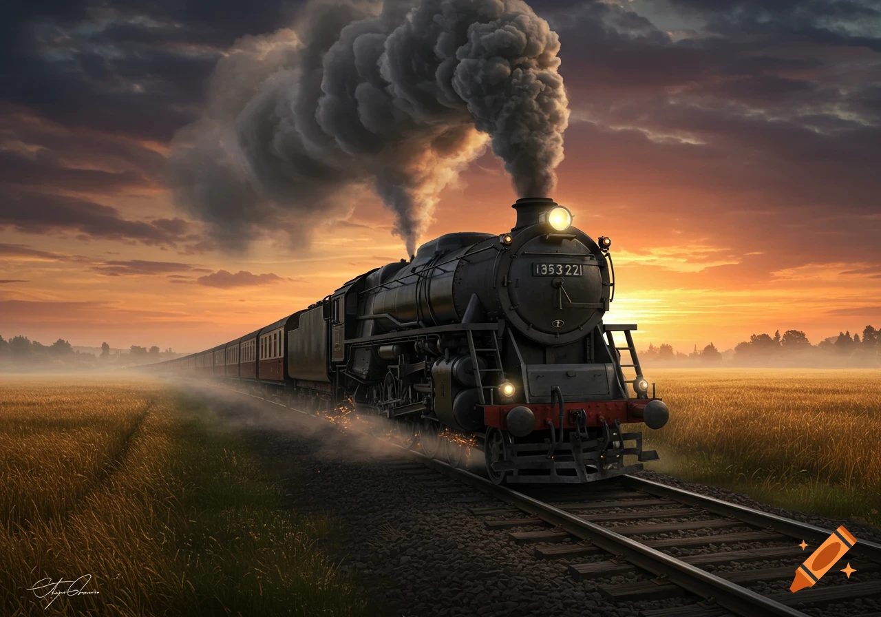 A photorealistic steam train emits thick smoke as it travels through a golden field at sunset.