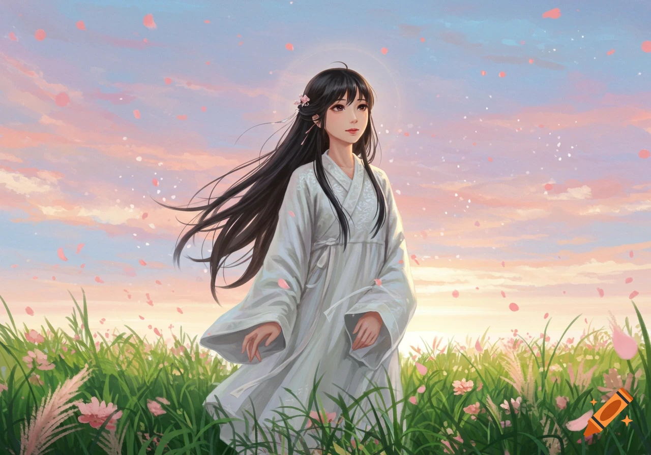 An anime-style young woman in a white dress stands in a field of green grass and pink flowers under a pink and blue sky with falling petals.