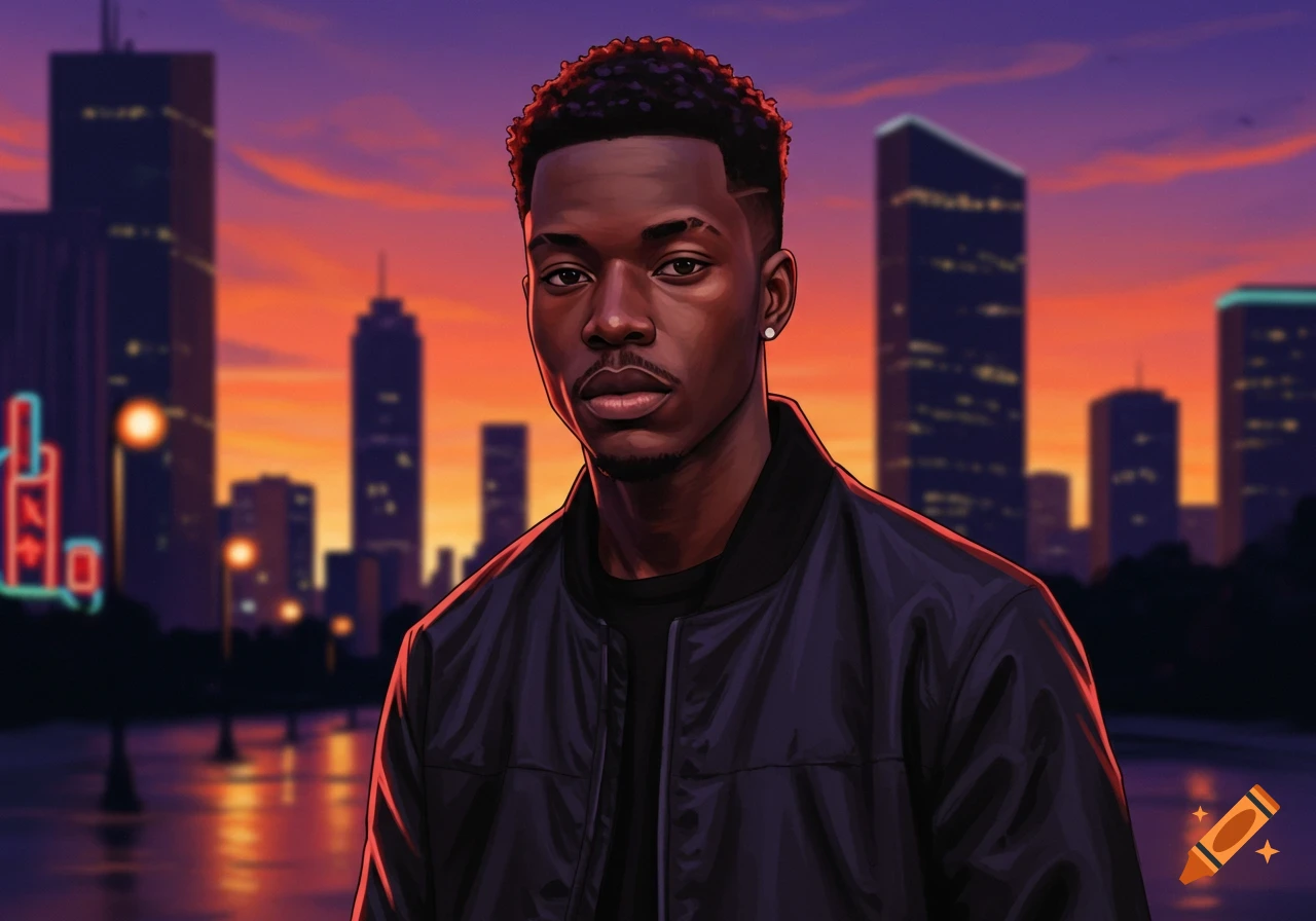 Digital art portrait of a young Black man with a buzz cut, wearing a dark jacket, standing against a vibrant sunset city skyline.