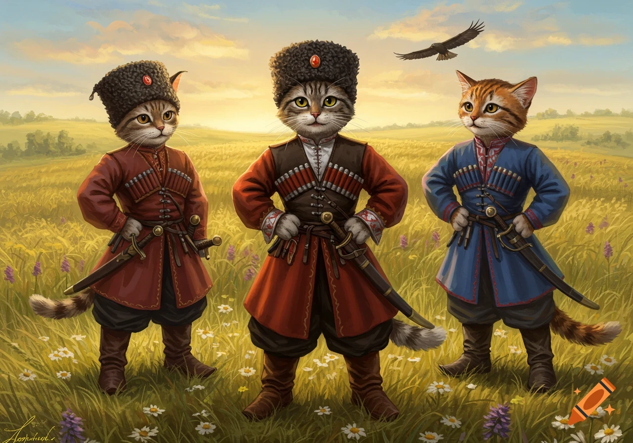 Three anthropomorphic cats in Cossack attire stand in a sunny field with an eagle flying above, digital painting.