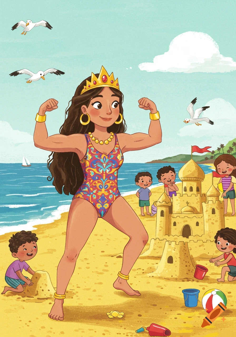 A strong Queen Esther in a crown and swimsuit flexes on a sunny beach with children building a sandcastle, in a vibrant children's illustration.
