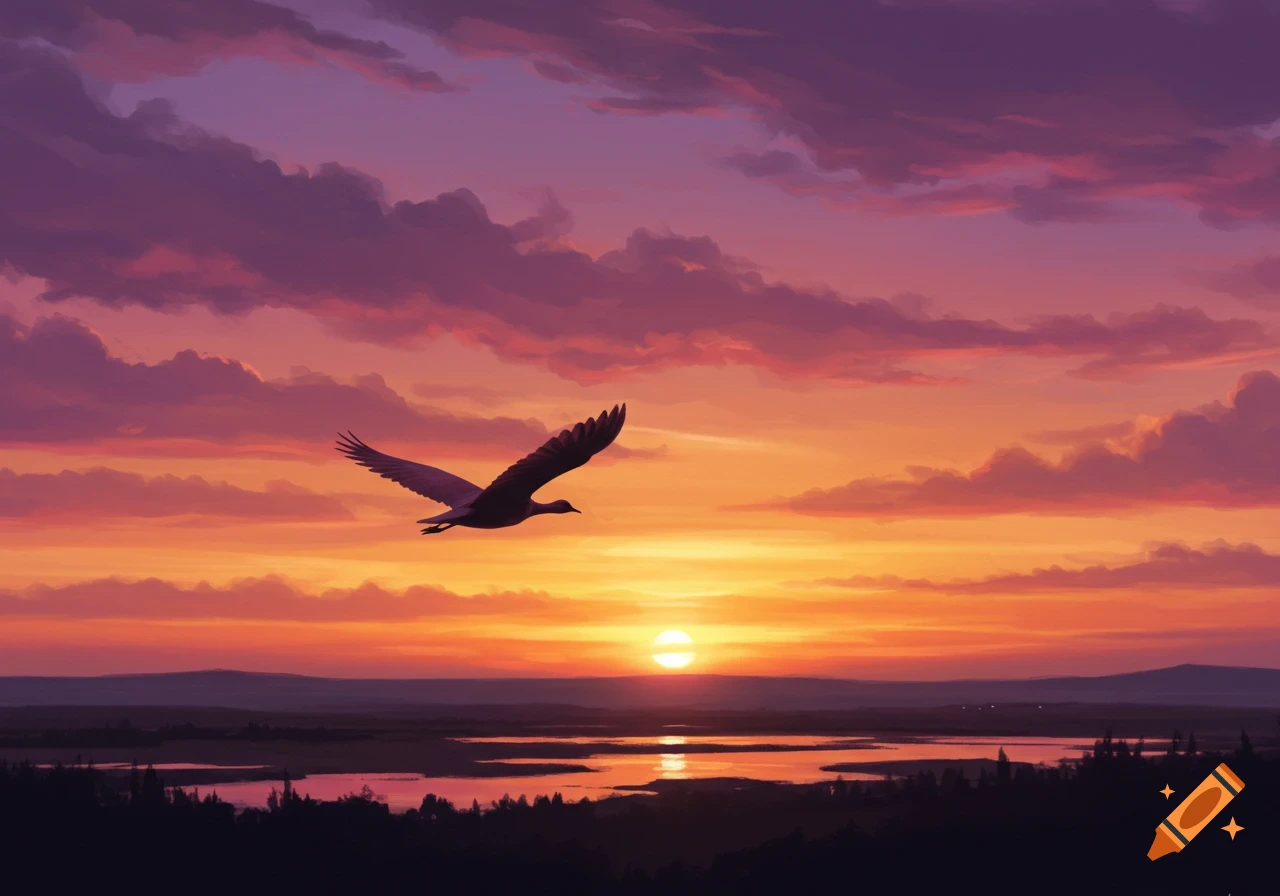 A lone bird flies over a serene lake reflecting a vibrant orange and purple sunset, silhouetted against distant hills, in a painterly style.