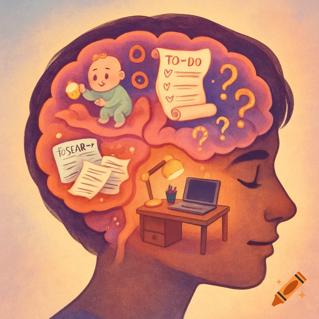 An illustration of a person's head in profile, revealing a brain filled with various thoughts and activities like a baby, a to-do list, research papers, a work desk with a laptop, and question marks.