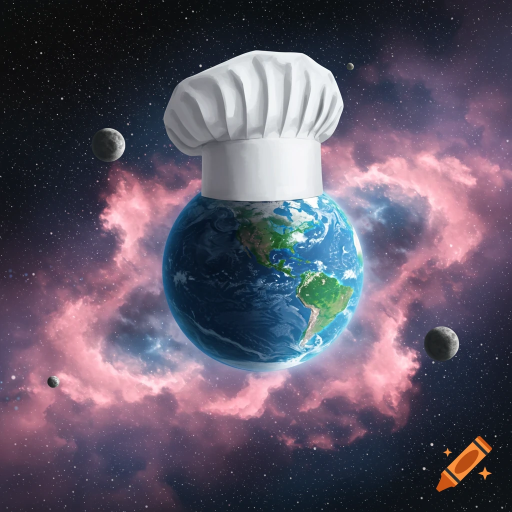 Planet Earth wearing a white chef's hat, floating in a starry pink and blue nebula with moons.