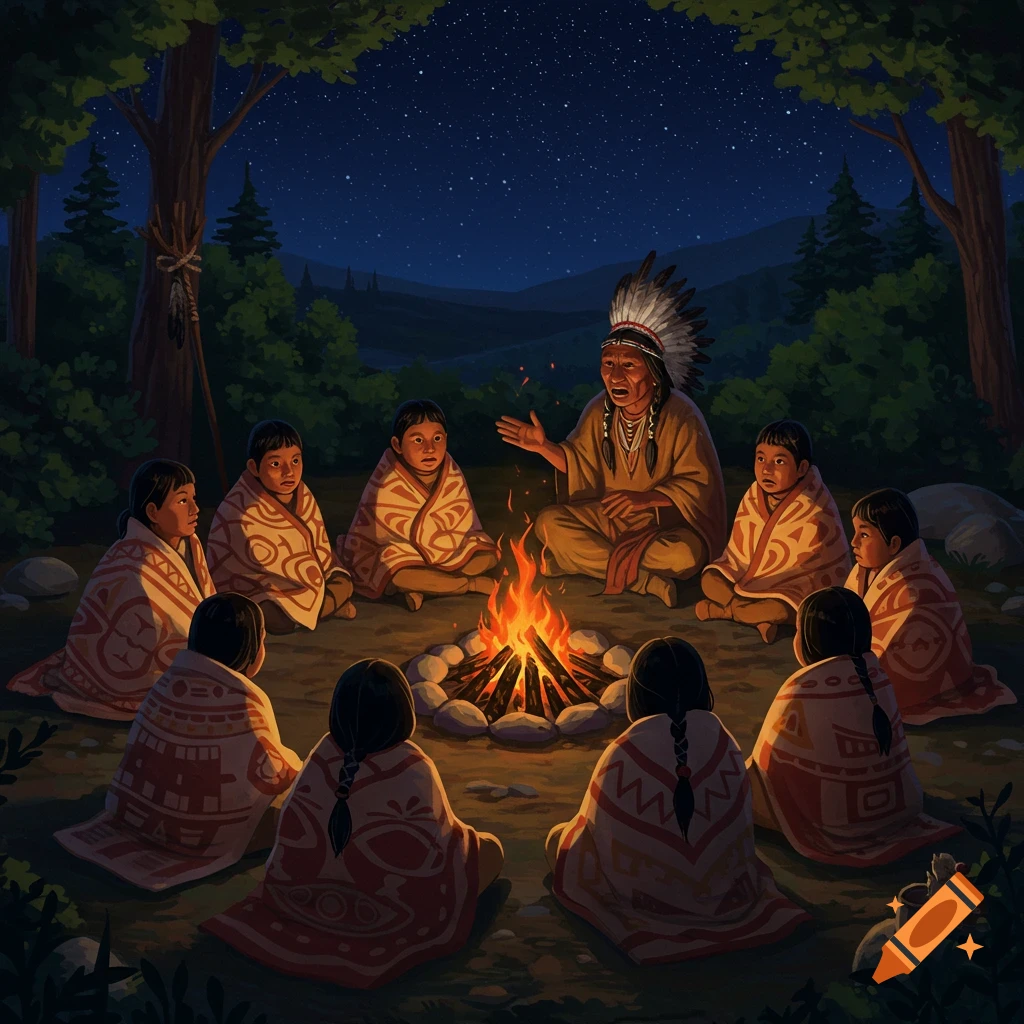 An elder in a feathered headdress tells stories to Native children in blankets around a campfire in a dark forest under a starry sky, digital art.