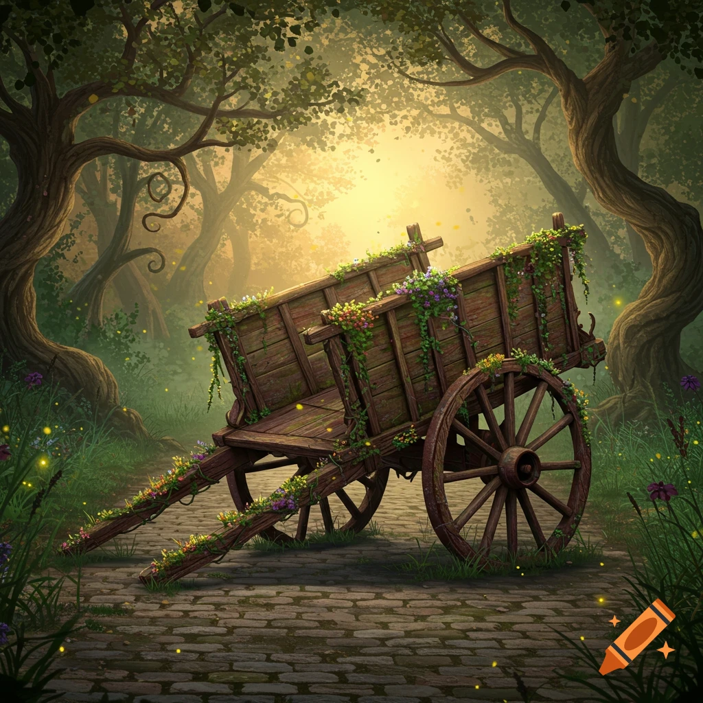 An abandoned wooden cart overgrown with vines and flowers sits on a cobblestone path in a mystical, sunlit fantasy forest.