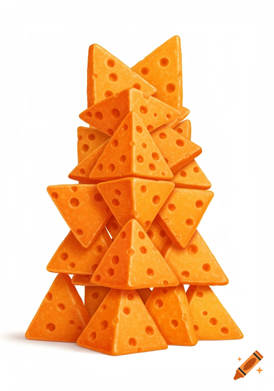 A tall stack of orange, triangular cheese crackers with holes, resembling a skyscraper, on a white background.
