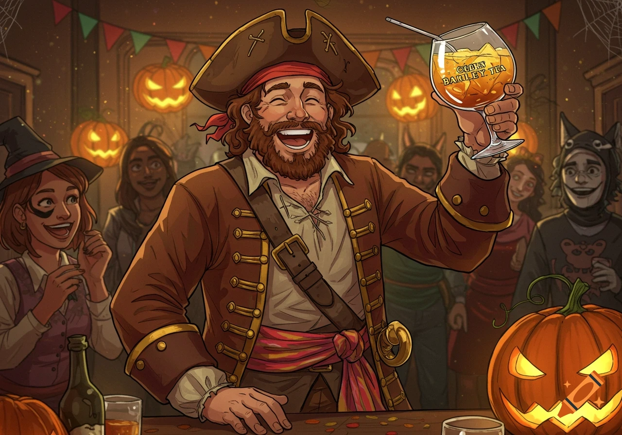 A cheerful pirate celebrates at a Halloween party, holding up a glass of barley tea in an illustrative style.