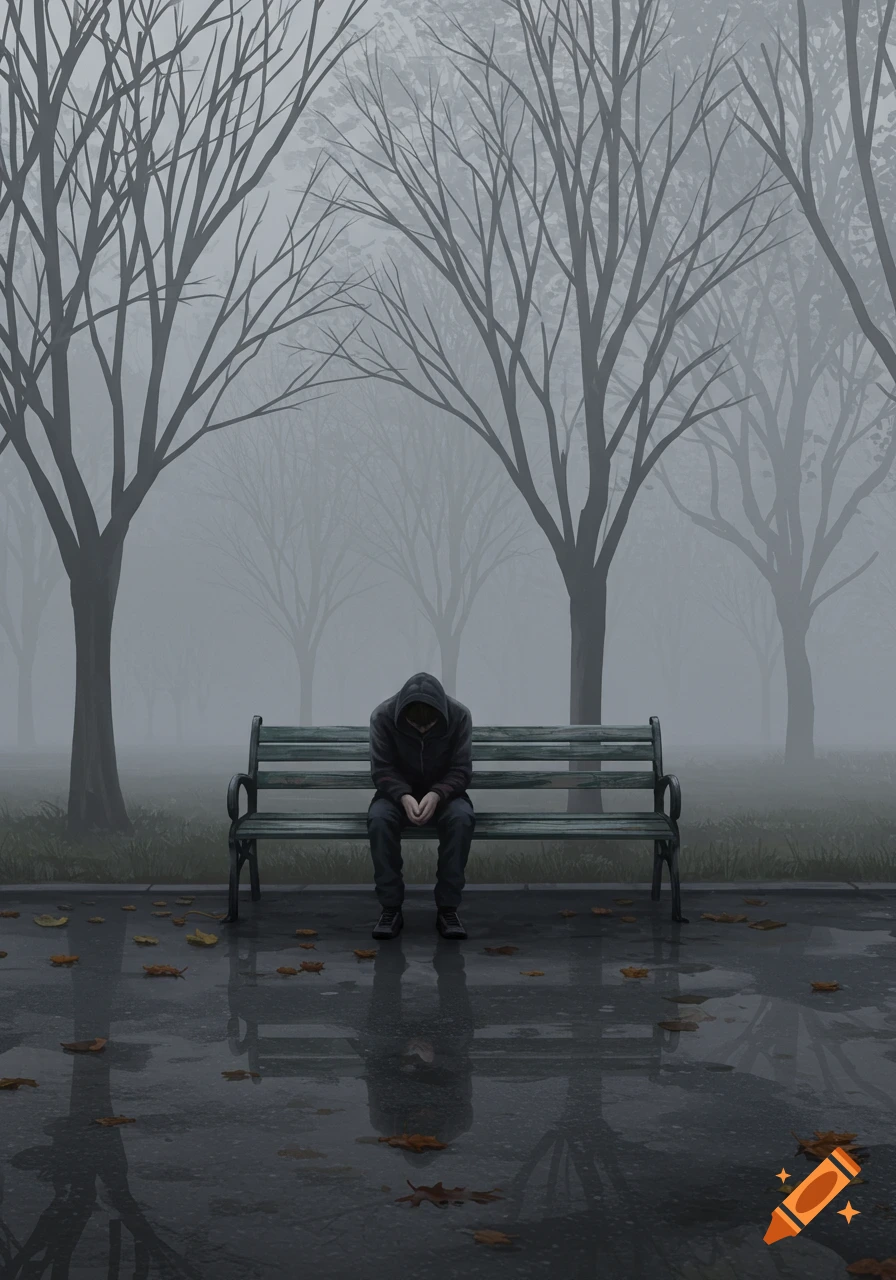 A hooded figure sits hunched on a park bench on a foggy, wet day with bare trees and fallen leaves.