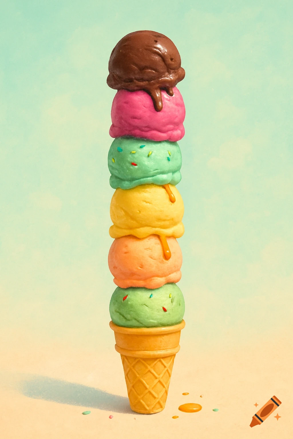 A tall stack of six colorful scoops of ice cream in a waffle cone, with some melting drips on a light background.