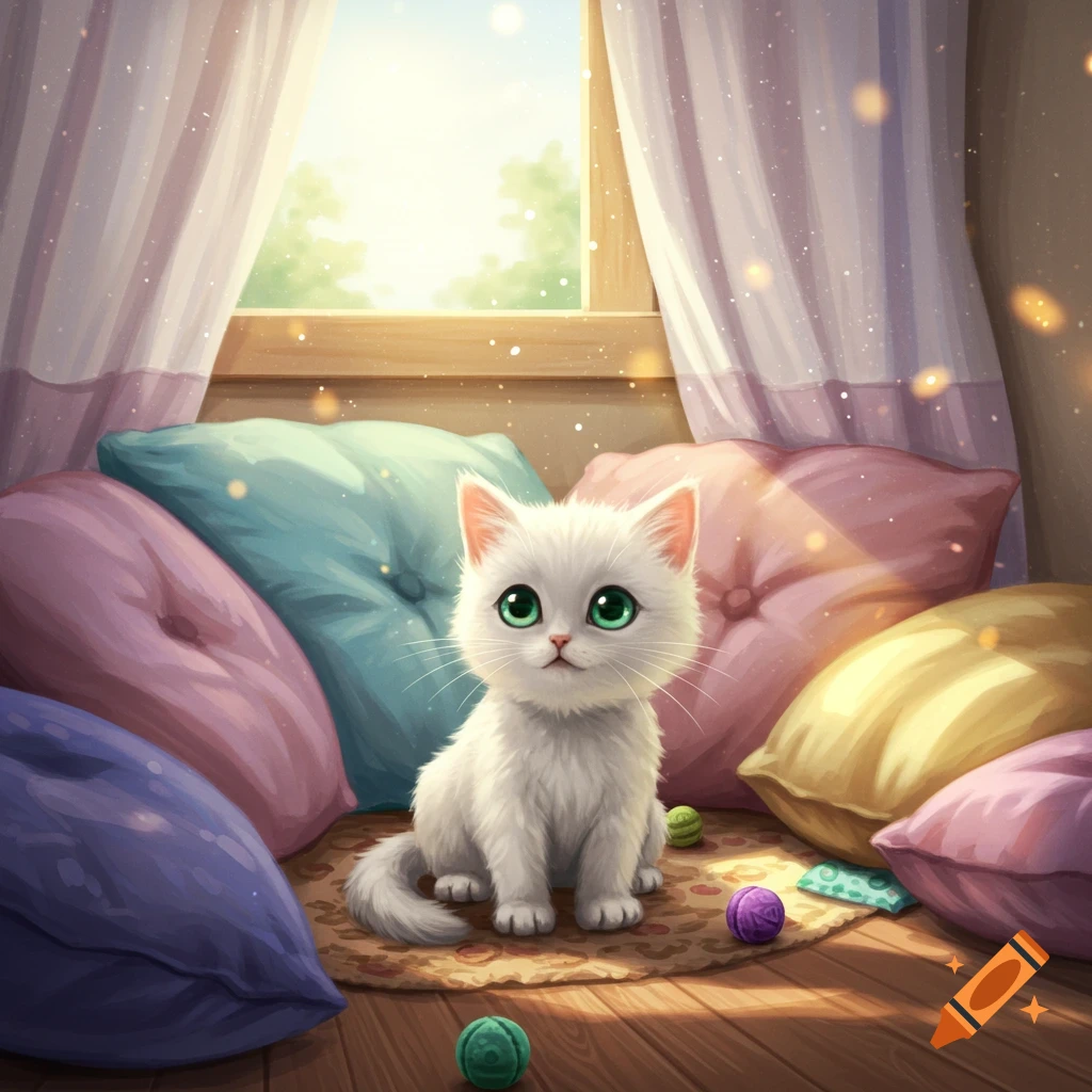 A fluffy white kitten with big green eyes sits on a rug surrounded by colorful pillows in a sunny room.