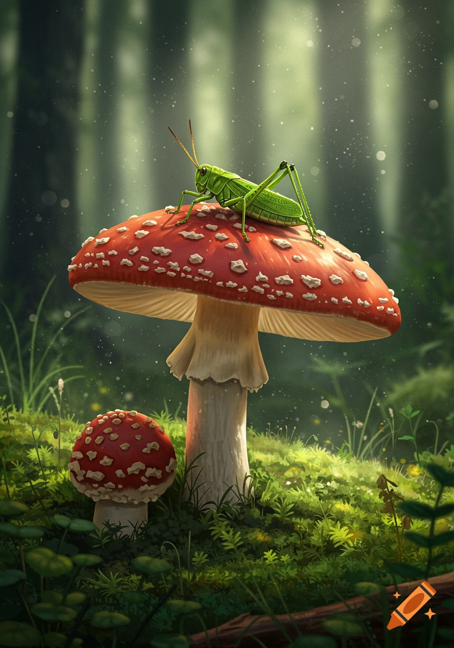 A vibrant green grasshopper sits atop a large red and white mushroom in a mystical forest, with a smaller mushroom nearby.