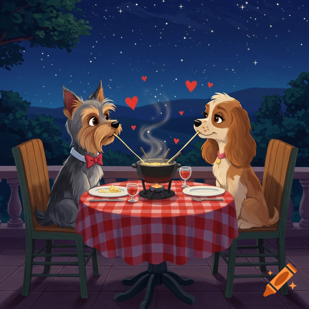 Two cartoon dogs, a Yorkshire and a Cocker Spaniel, share a fondue at a candlelit table under a starry night sky.