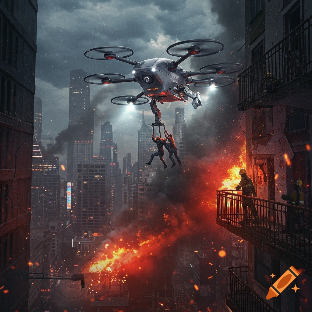 Photorealistic image of a futuristic drone rescuing two people from a burning high-rise building in a smoky city, with firefighters on a balcony.