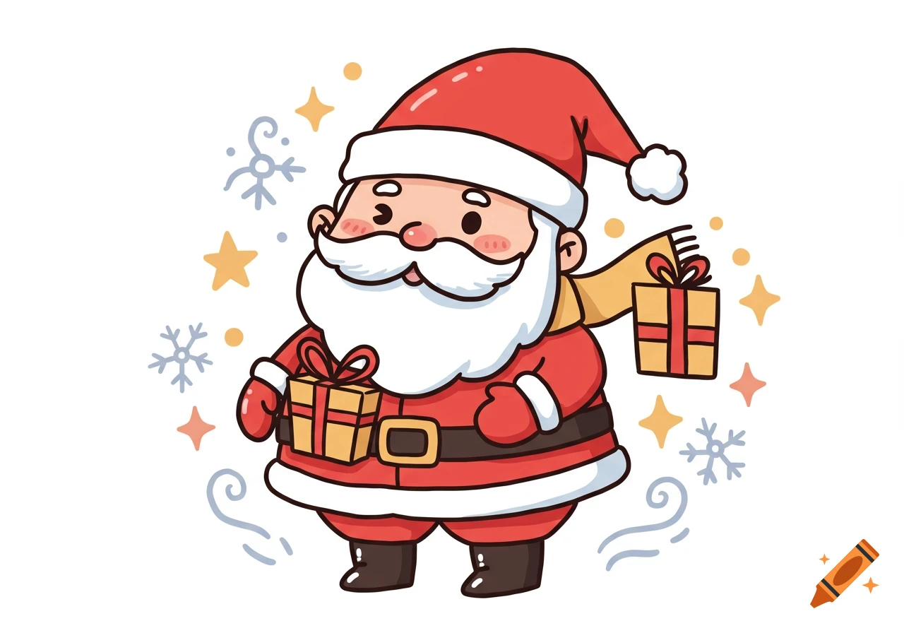 Chubby, cute Santa Claus in a red suit and hat, holding two gifts, surrounded by stars and snowflakes, in a hand-drawn cartoon style.