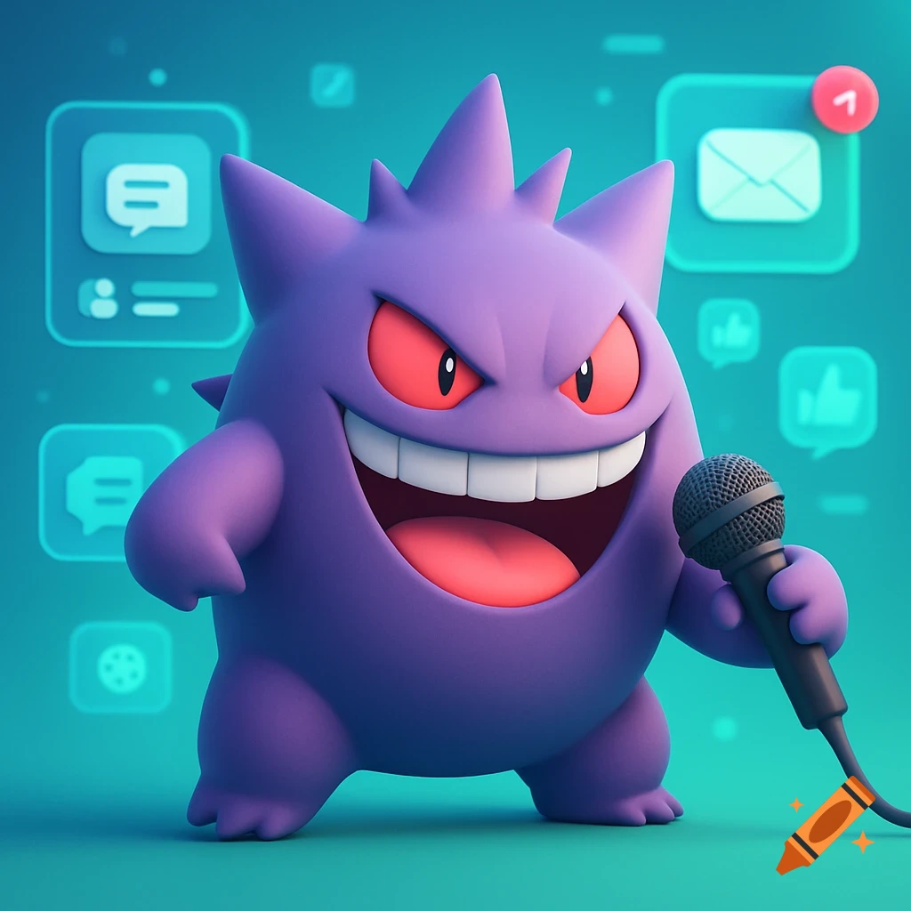 A purple Gengar with a big smile holds a microphone, surrounded by glowing blue technology icons and a notification.