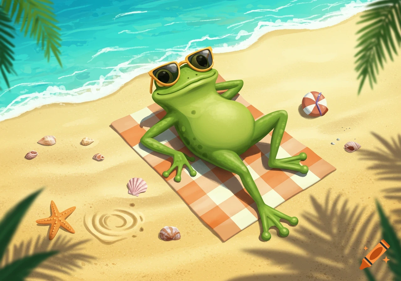 A cartoon green frog wearing orange sunglasses lounges on a checkered blanket on a sandy beach next to the ocean, surrounded by seashells.