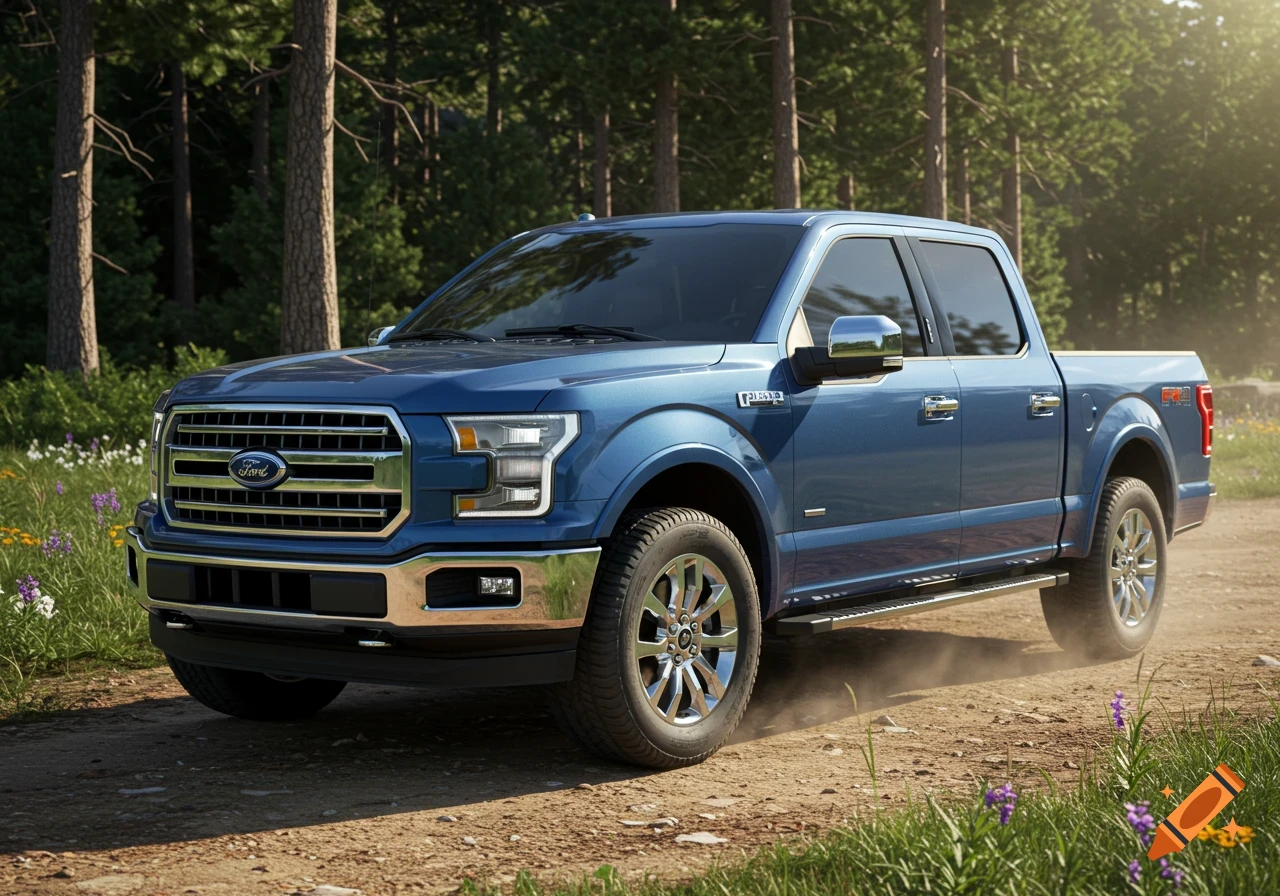 Blue Ford F-150 XLT pickup truck driving on a dirt road through a forest with wildflowers. Photorealistic.