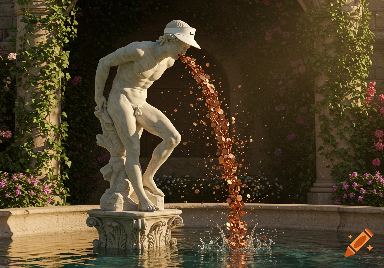 Photorealistic image of a classical marble statue wearing a Nike visor, spitting a stream of copper pennies into a fountain in a lush garden.