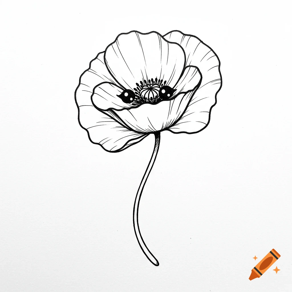 A simple, kawaii black line drawing of a poppy flower with two dark, round shapes in its center.