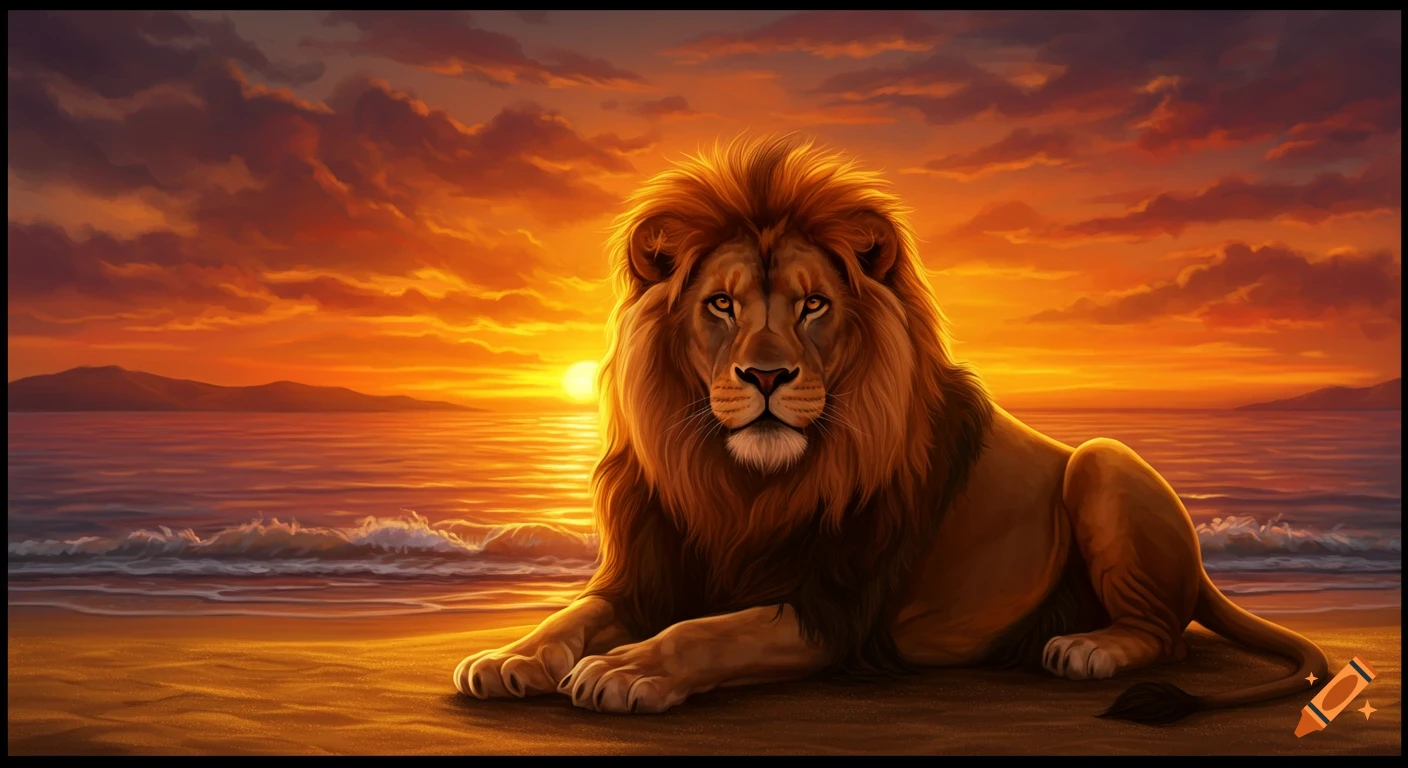 A majestic lion with a flowing mane lies on a sandy beach at sunset, with an orange sky and ocean waves.