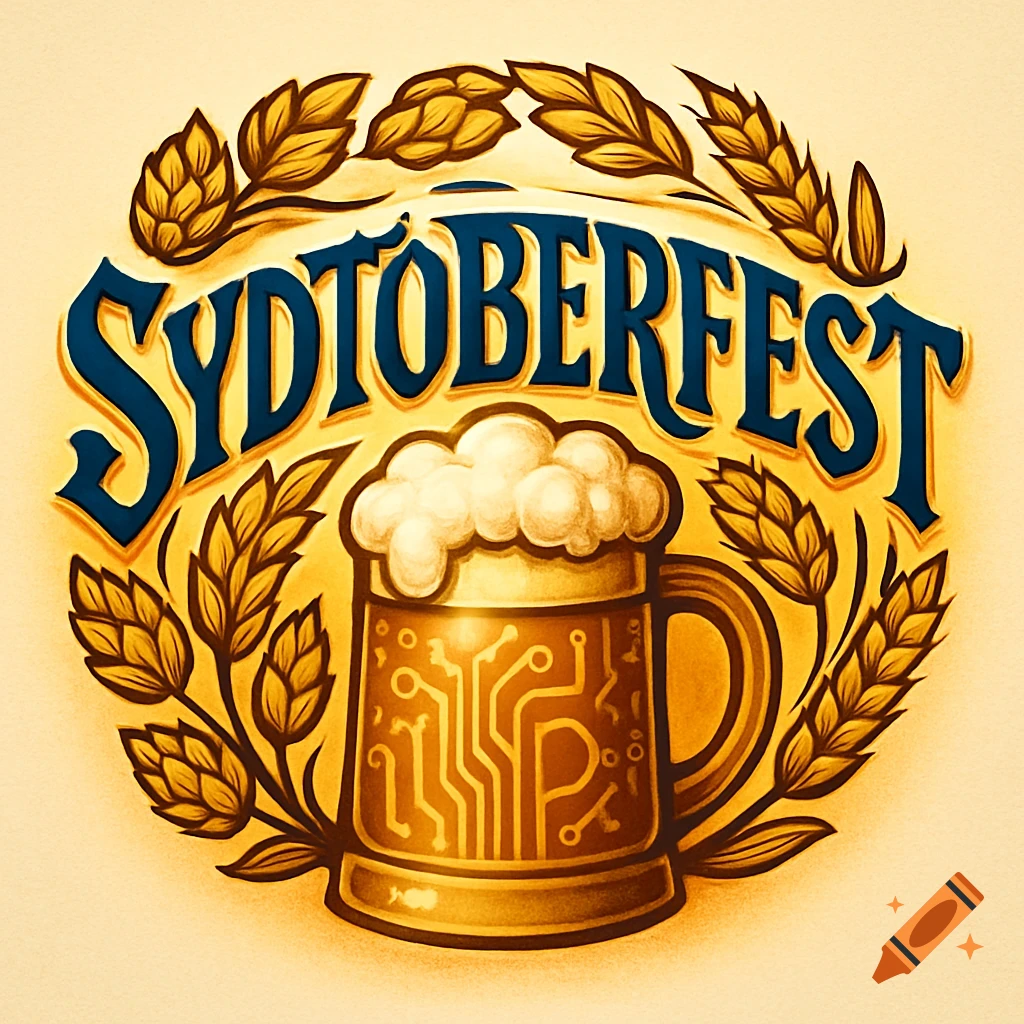 Stylized SYDTOBERFEST logo with bold blue text, hops, wheat, and a circuit board patterned beer mug.
