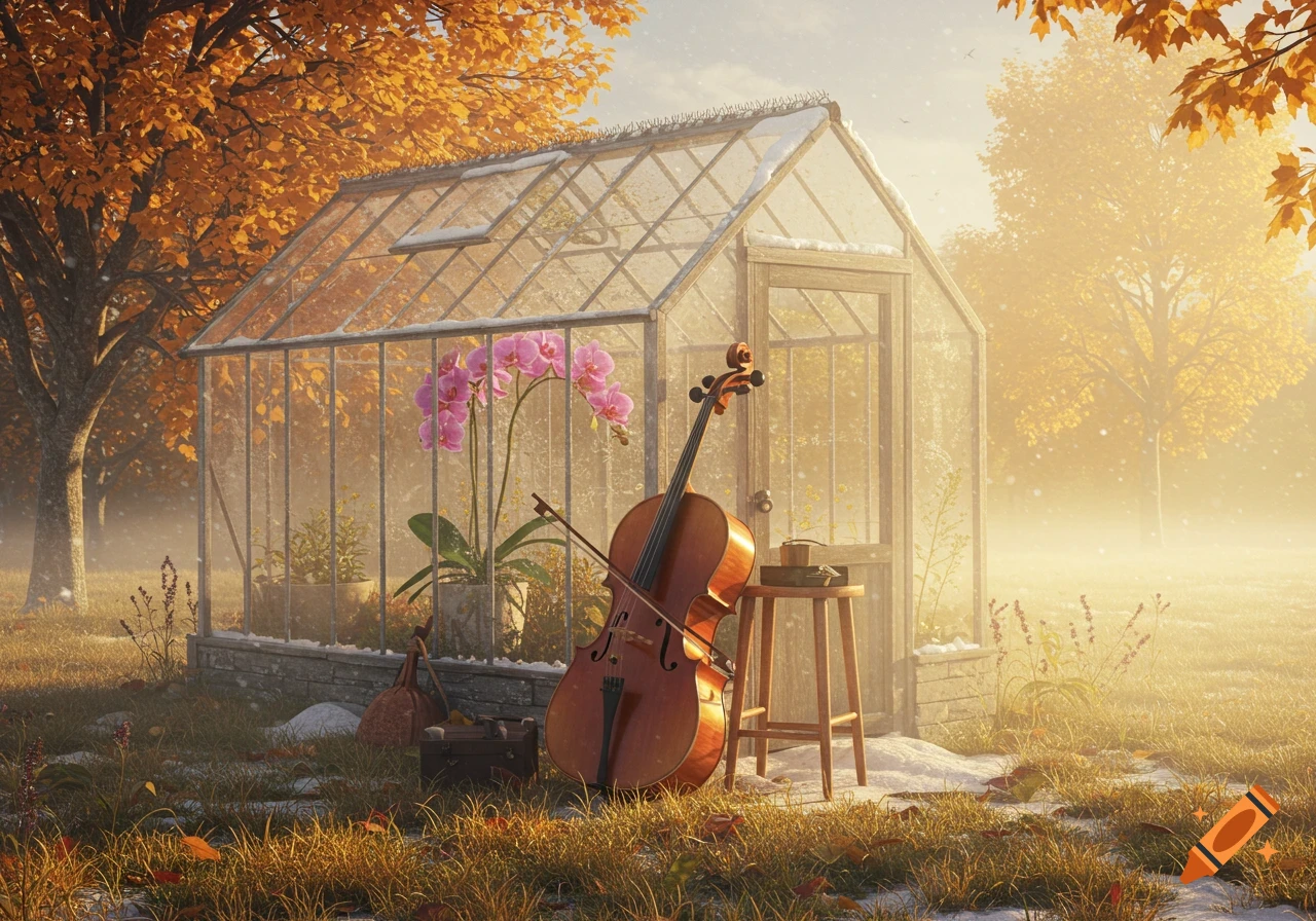 A cello leaning by a glass greenhouse with pink orchids, in a misty autumn meadow with snow.
