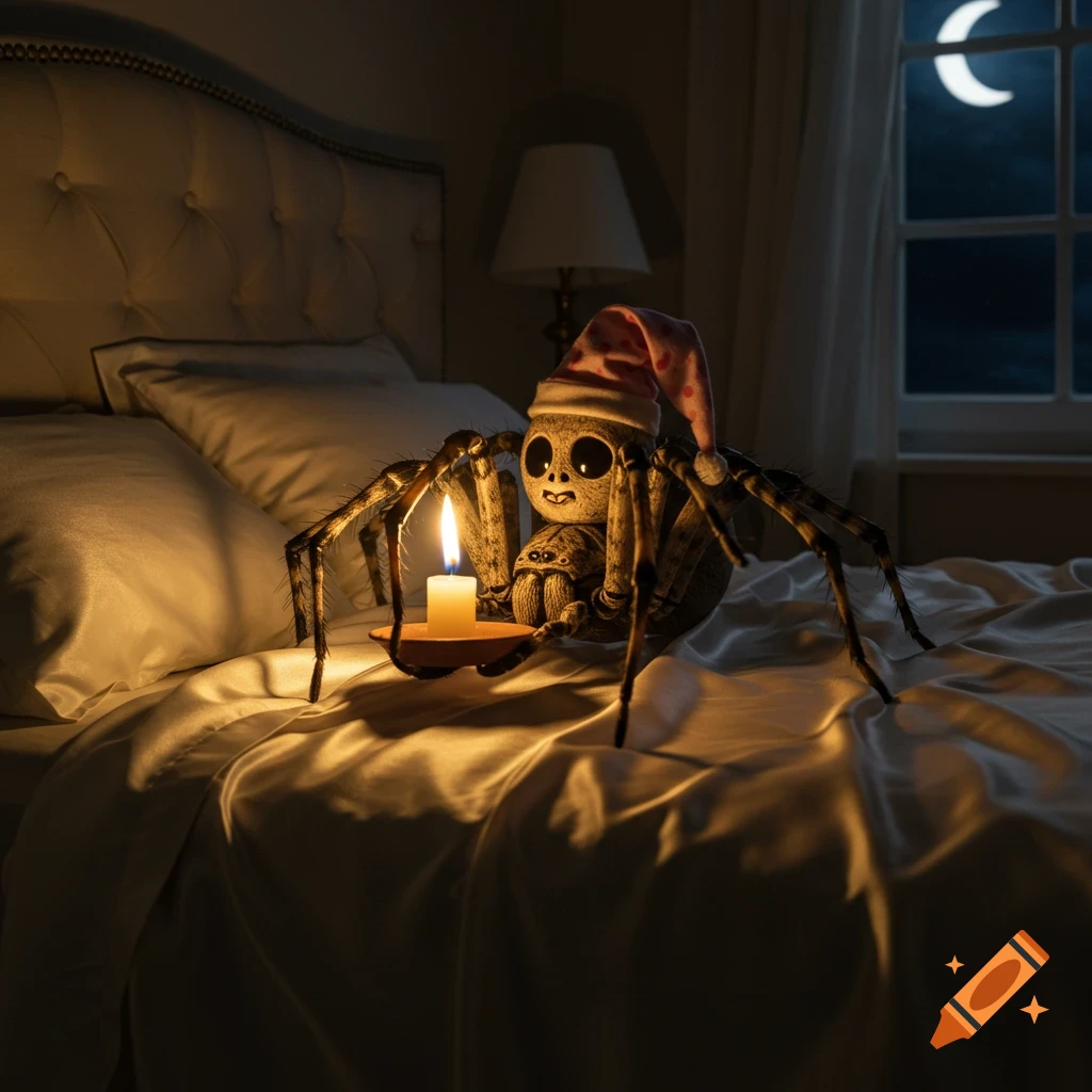 A photorealistic, cute spider wearing a nightcap sits on a bed, holding a lit candle in a dark room with a crescent moon visible outside a window.