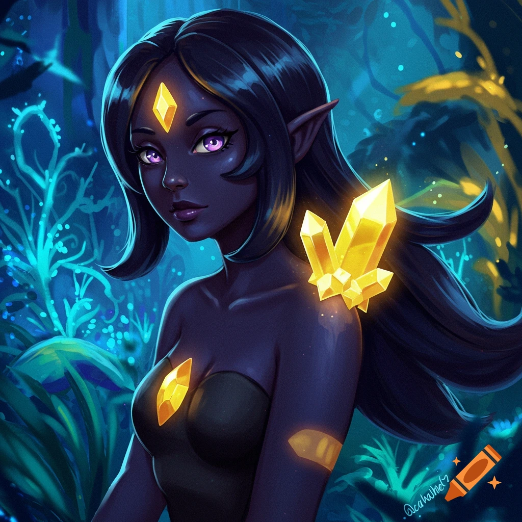 A dark-skinned elf-like woman with purple eyes and glowing yellow crystals on her forehead, shoulder, and chest in a mystical forest.