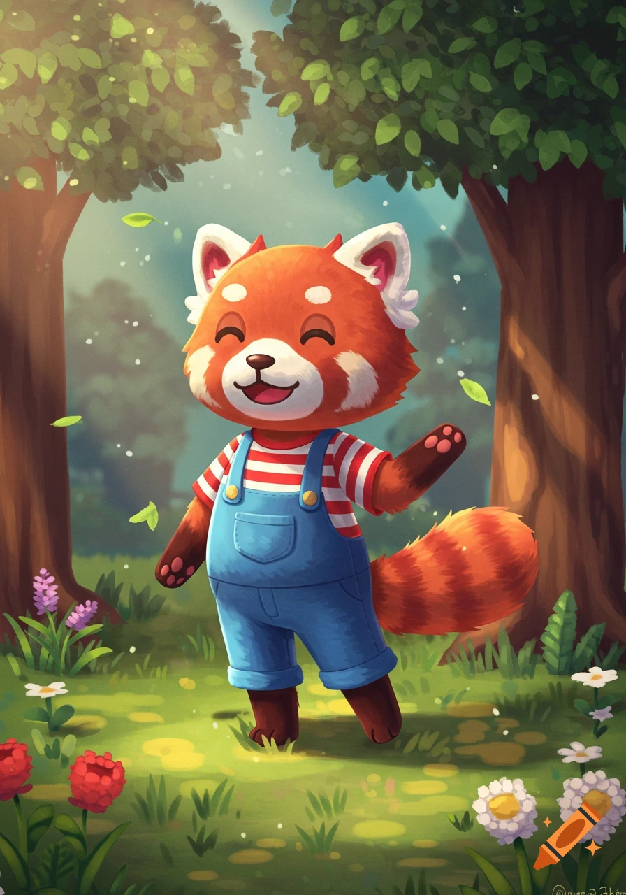A cute, happy cartoon red panda in blue overalls and a striped shirt stands in a sunny forest. Stylized art.