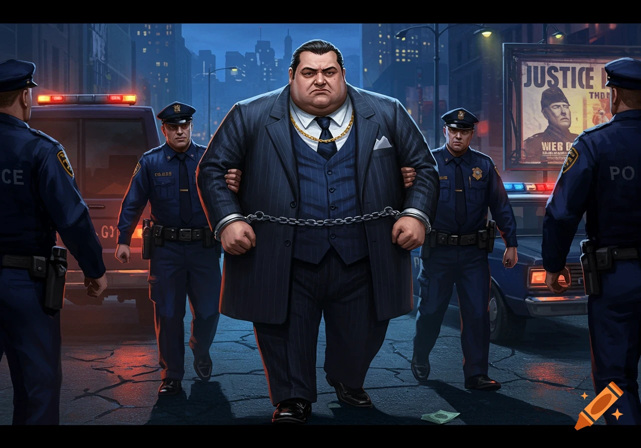 A cartoonish, portly mafia boss in a pinstripe suit and gold chain, handcuffed, being escorted by four police officers on a dark city street at night. A poster for "JUSTICE" is in the background.