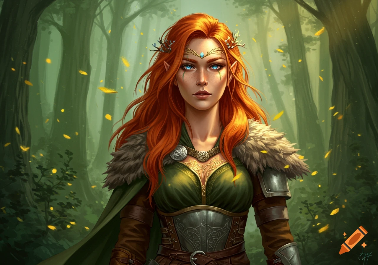 A beautiful female elf with long red hair and glowing blue eyes, wearing fantasy armor and a fur cape, stands in a mystical forest.