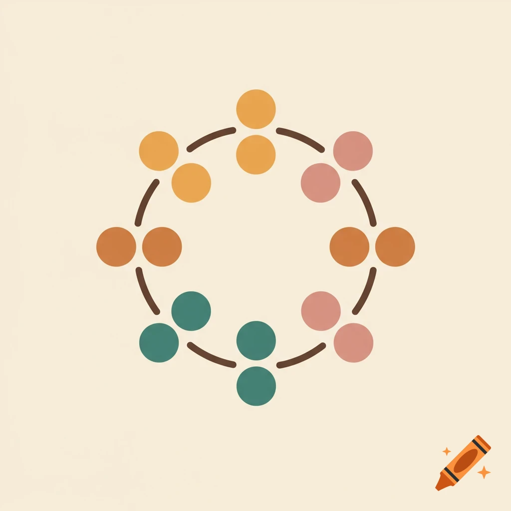 Minimalist illustration of a circle formed by connected multi-colored spheres on a light background.