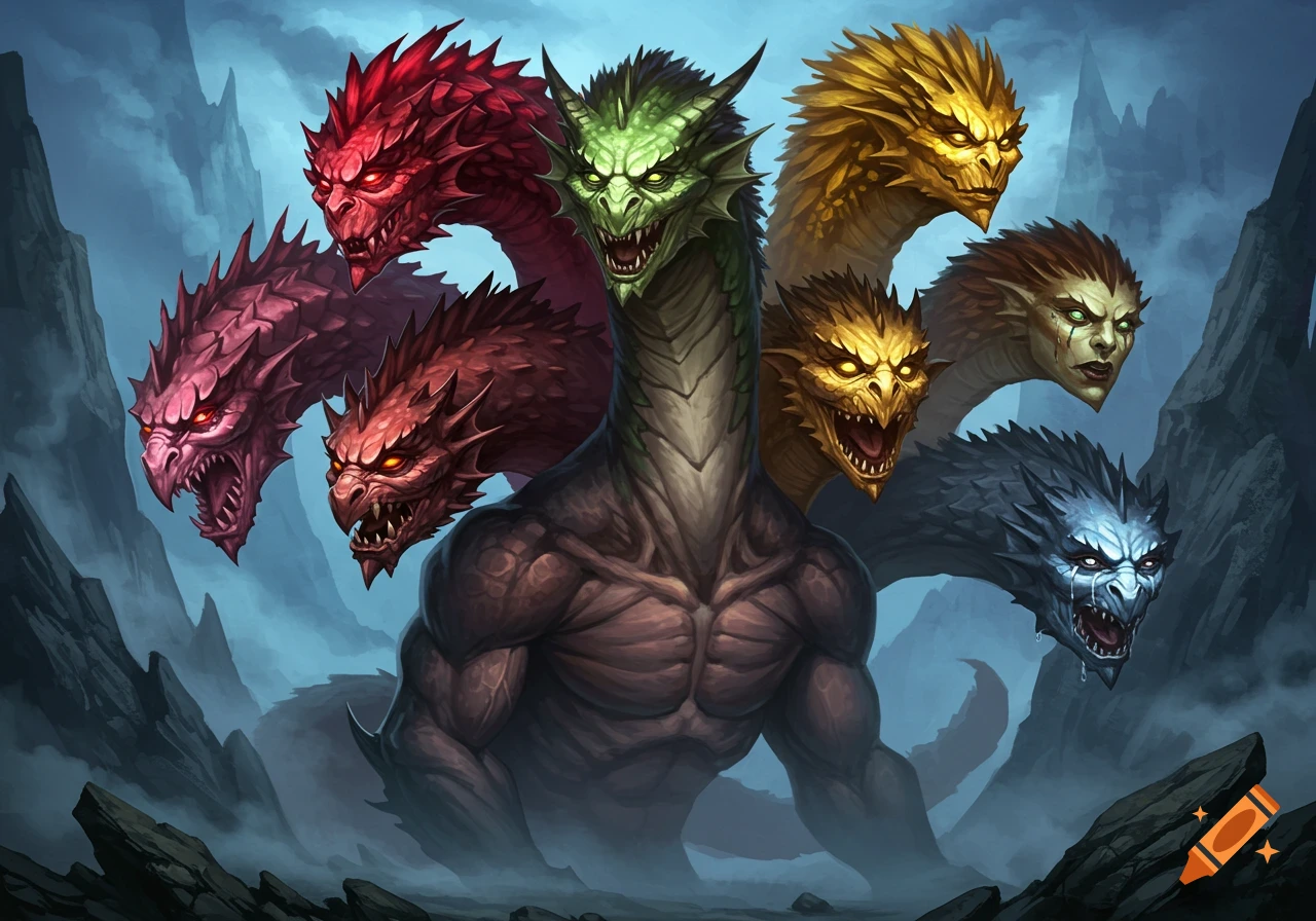 A detailed fantasy illustration of a muscular, multi-headed beast with varied colored heads showing different expressions, set in a misty, rocky landscape.