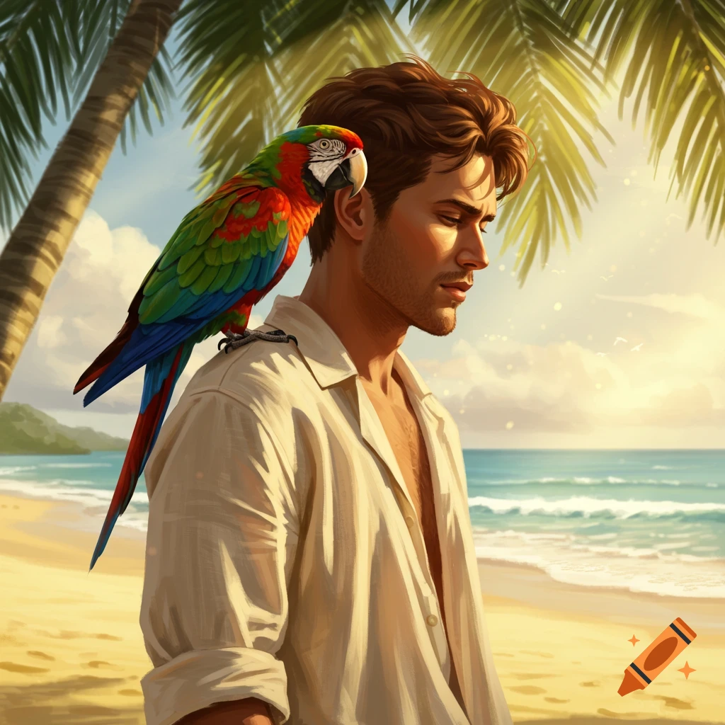 A man with a colorful parrot on his shoulder stands on a tropical beach at sunset in a digital art style.