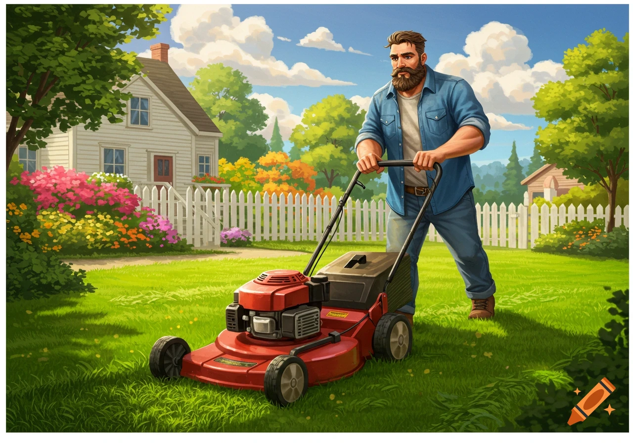 A bearded man pushes a red lawnmower on a green lawn in front of a white house with a picket fence and colorful flowers, in an illustration style.
