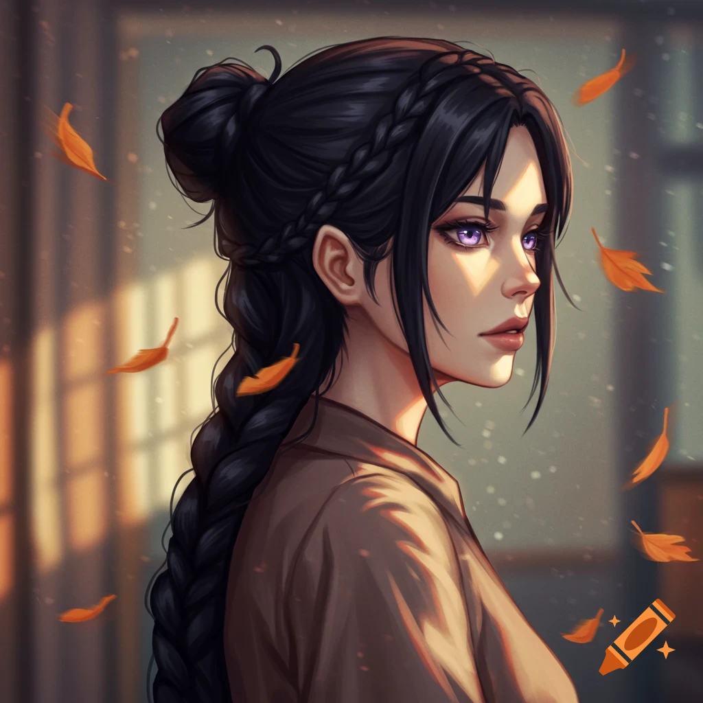 A stylized portrait of a woman with braided black hair and lilac eyes, looking right, with autumn leaves falling around her.