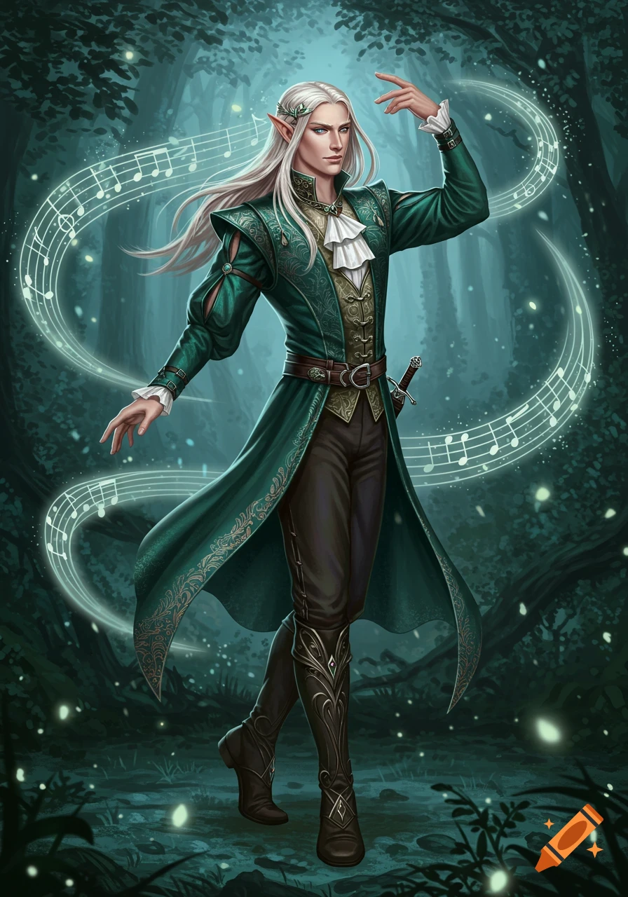 A fantasy male elf bard with white hair in green ornate clothes, surrounded by glowing musical notes in a forest.