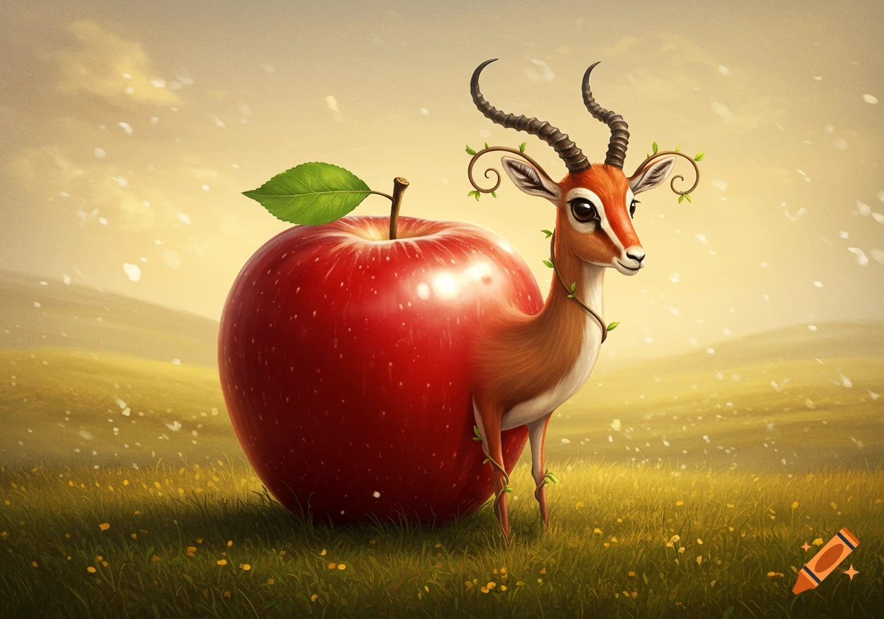 A whimsical apple-gazelle hybrid creature stands in a sunny, grassy field.