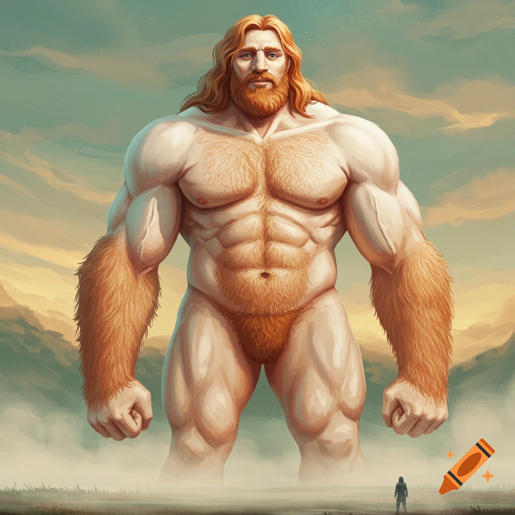 A giant, muscular, ginger-haired man stands in a misty landscape with a tiny figure below. Stylized art.
