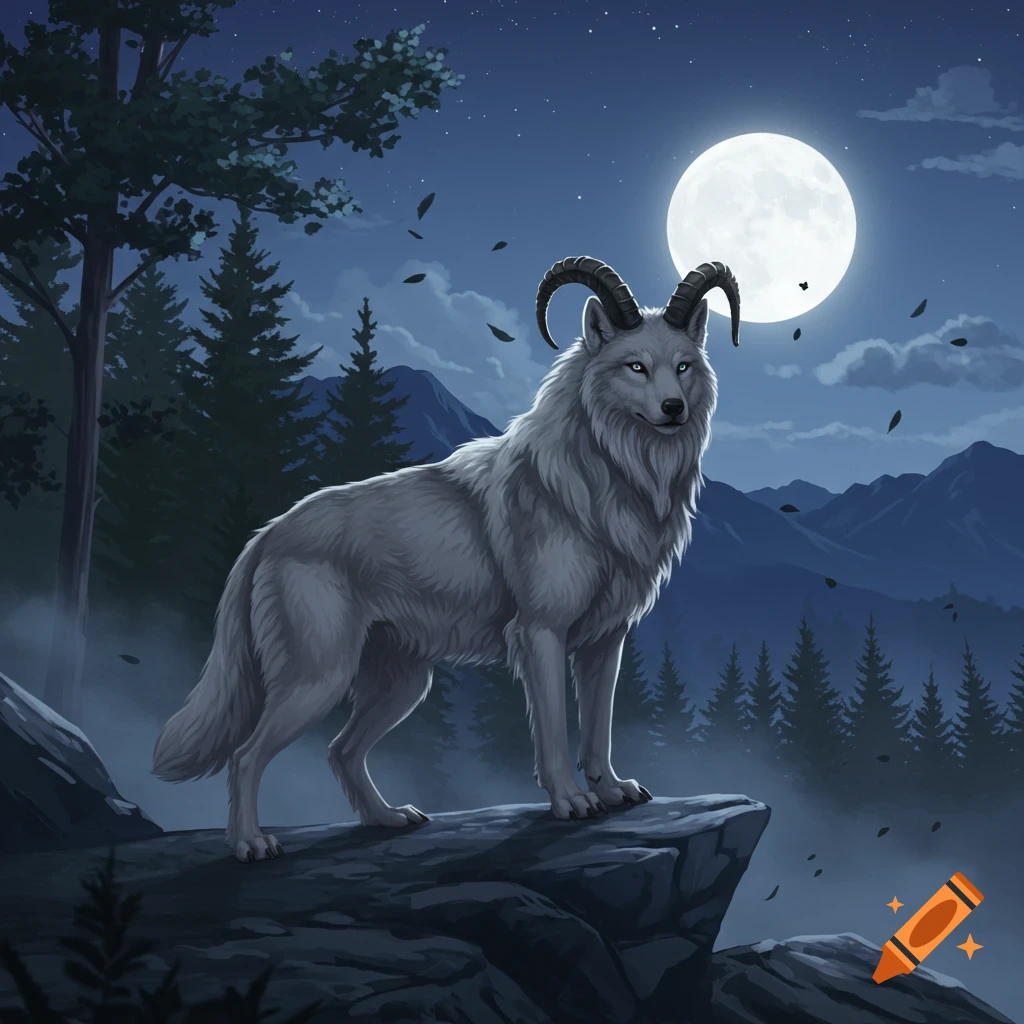 A majestic white wolf with ram horns stands on a cliff under a full moon, overlooking a dark forest and mountains at night.
