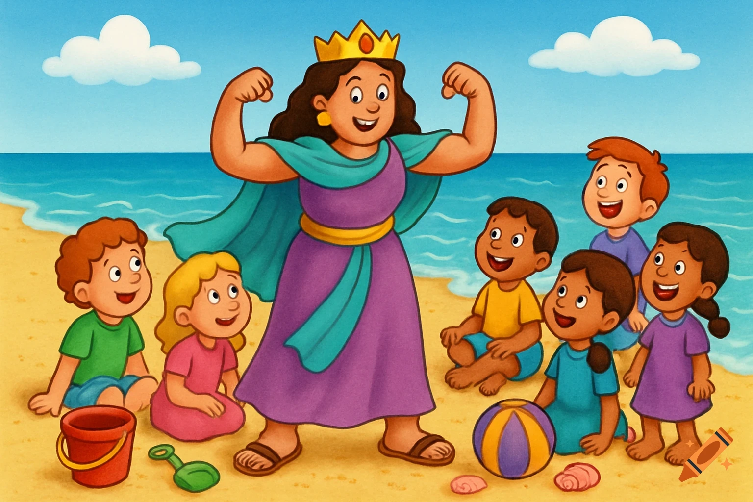 A strong queen in a purple dress and crown flexes her muscles at the beach, watched by smiling children in a vibrant illustration.