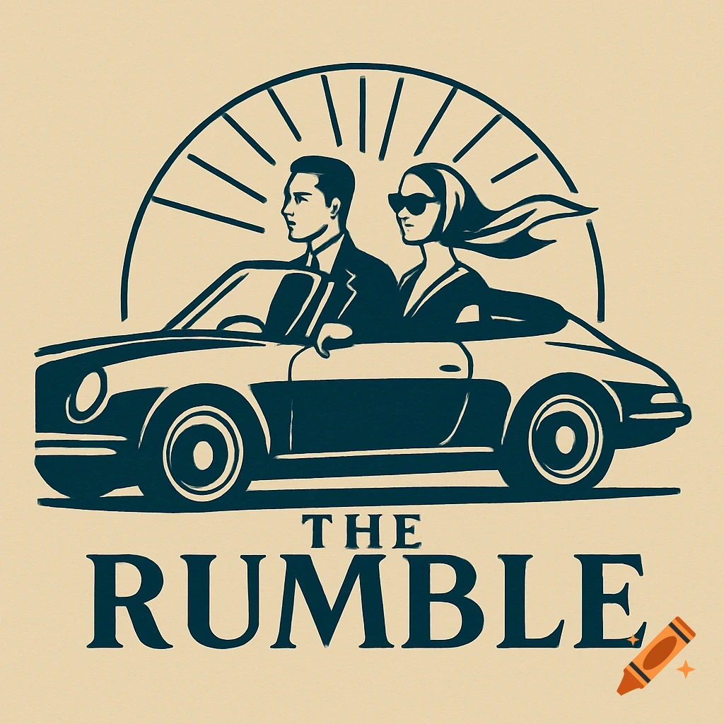 Art Deco illustration of a stylish couple in a classic convertible car, with the text 'THE RUMBLE' below.