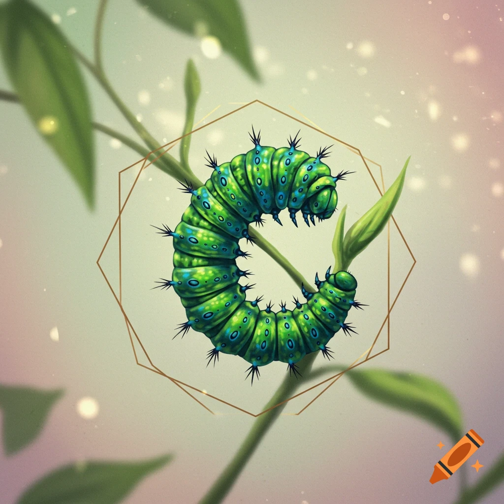 A vibrant green caterpillar with blue spots and black spikes curls around a plant stem, framed by a golden hexagon, in a stylized illustration.