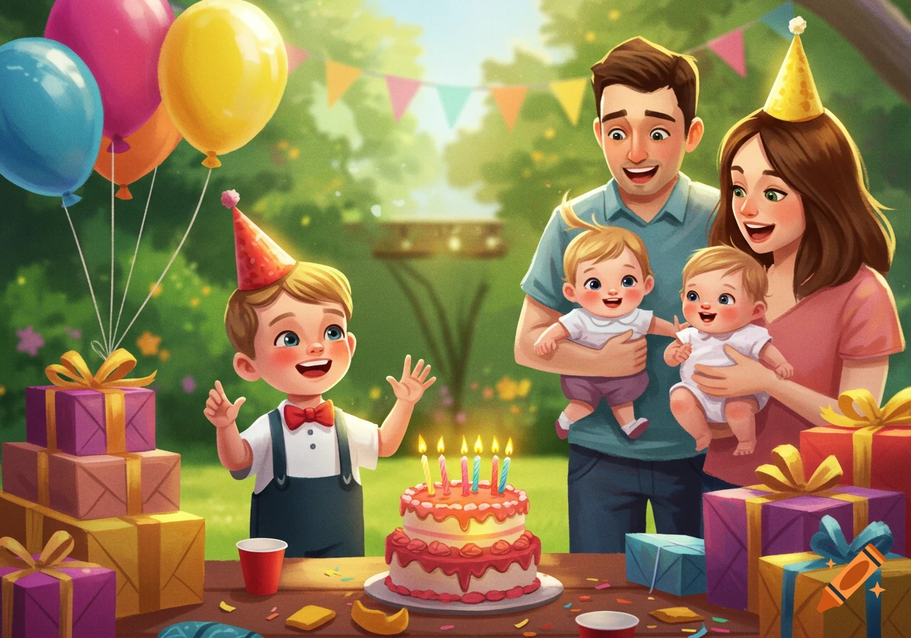 A happy family celebrates a birthday outdoors with cake, balloons, and presents, in a cheerful illustration style.