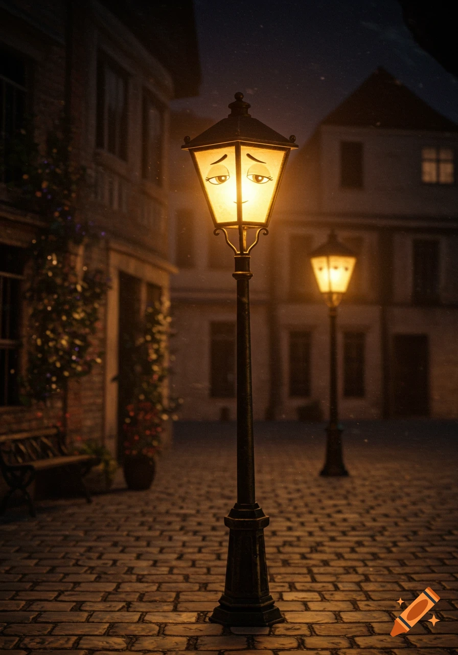 An anthropomorphic vintage streetlamp with a sad face glows warmly on a cobblestone street at night in an old town.