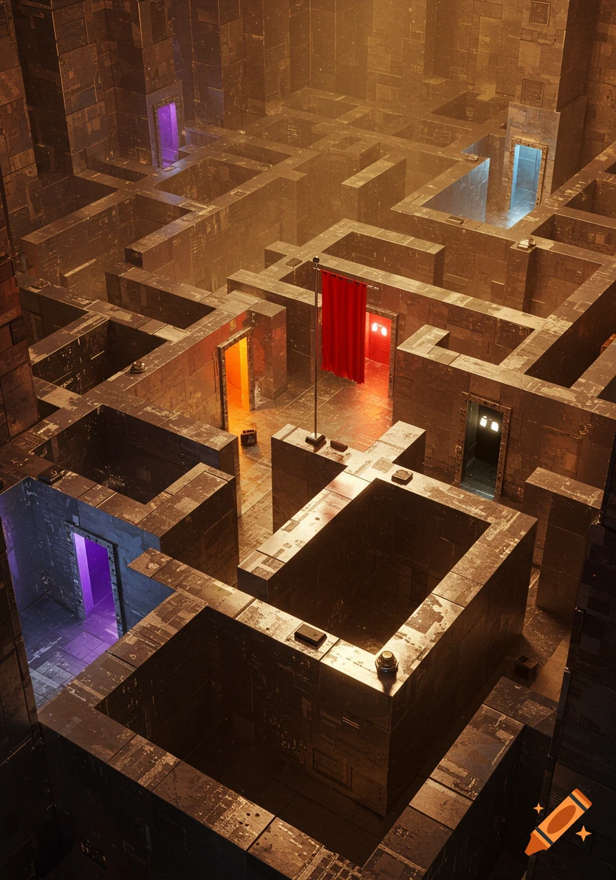 An overhead view of a dark, intricate metal maze with walls glowing with purple, red, orange, and blue lights from various doorways, and a red flag at its center.