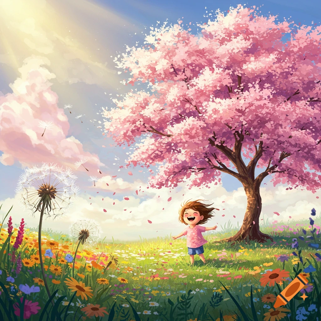 A happy illustrated child runs through a vibrant field of wildflowers beneath a pink cherry blossom tree on a sunny day.