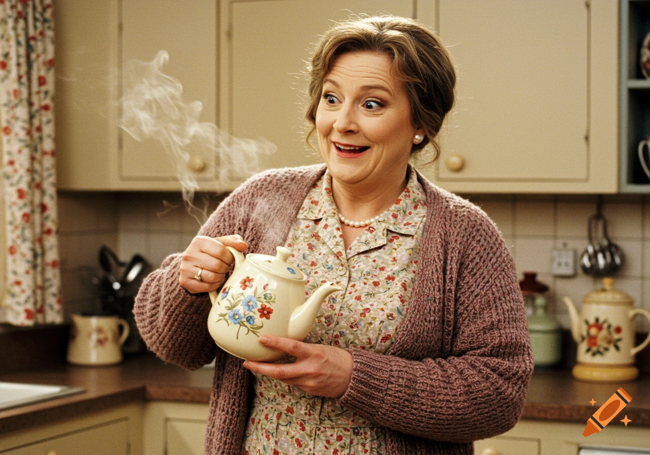 A surprised woman in a floral dress and cardigan holds a steaming teapot in a kitchen.